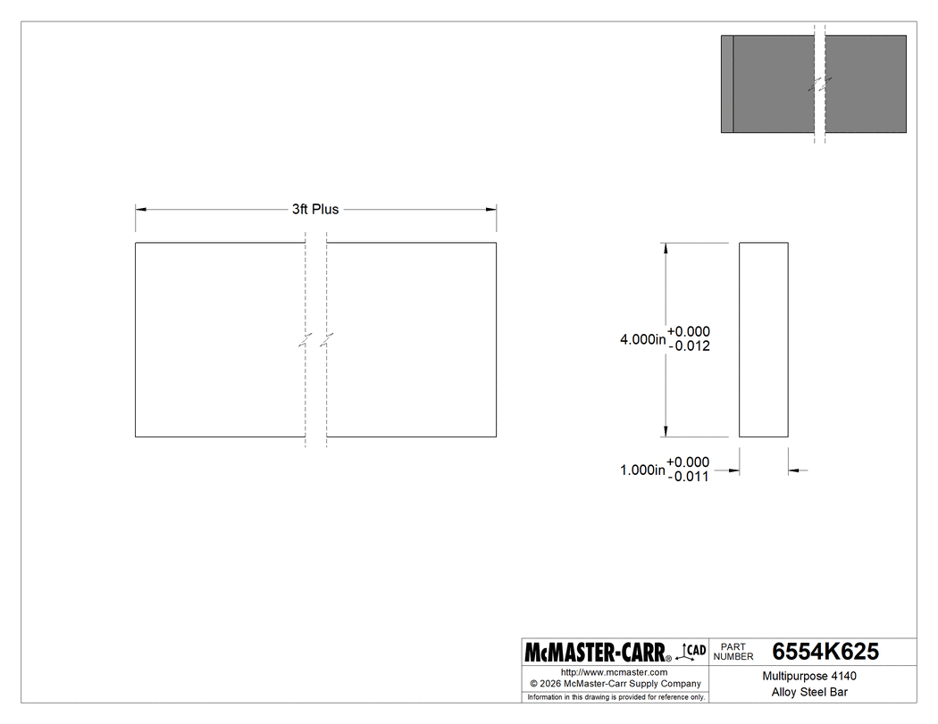 Technical Drawing of Multipurpose 4140 Alloy Steel Bar, 1" Thick, 4" Wide, 3" Long.